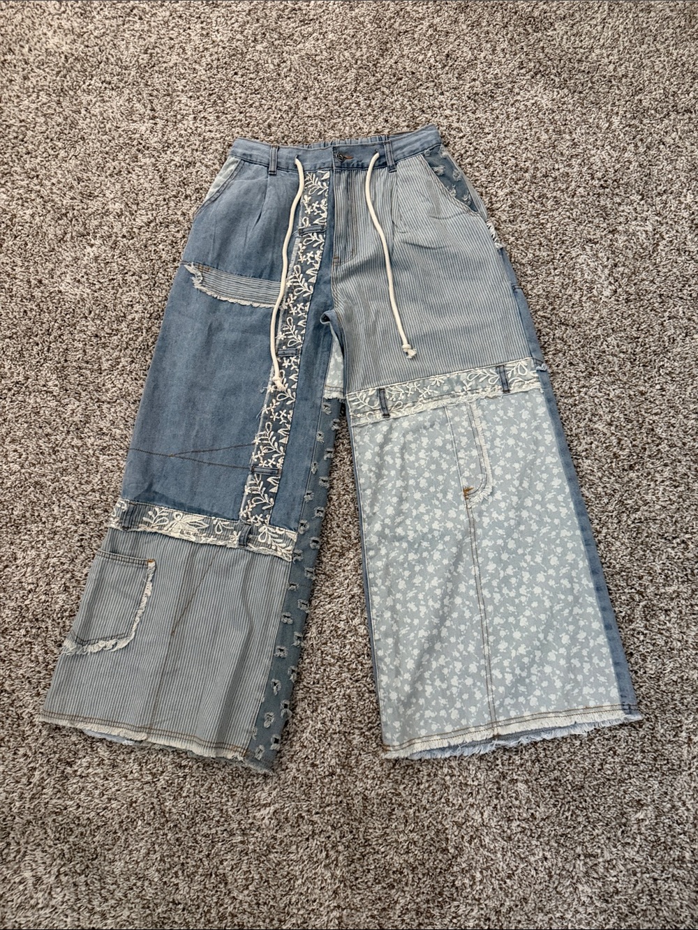 POL Patchwork Wide-Leg Jeans — Light Blue Floral and Stripe